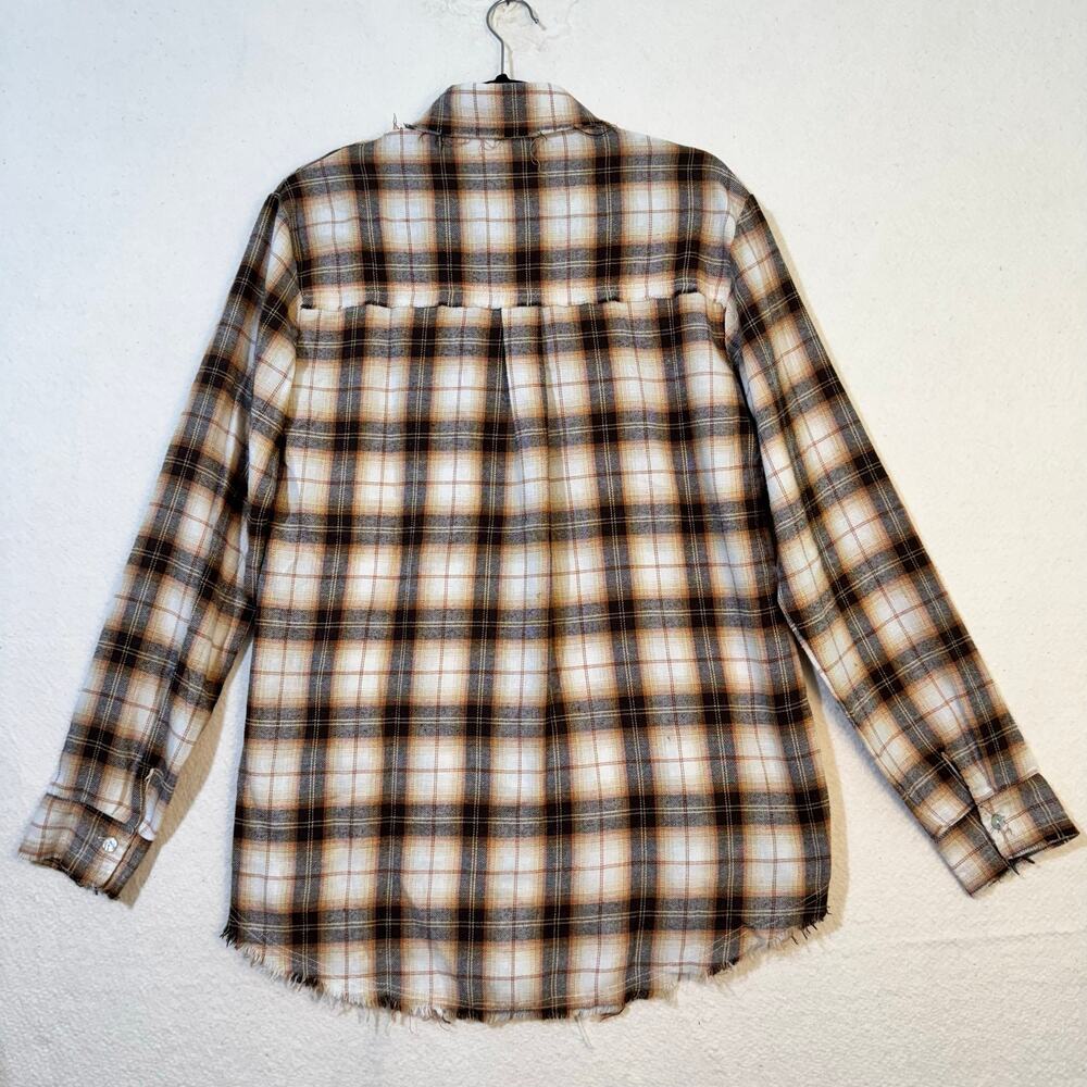 POL Oversized Long Sleeve Cream Brown Plaid Distressed Flannel Button-Up Medium - Picture 2 of 7